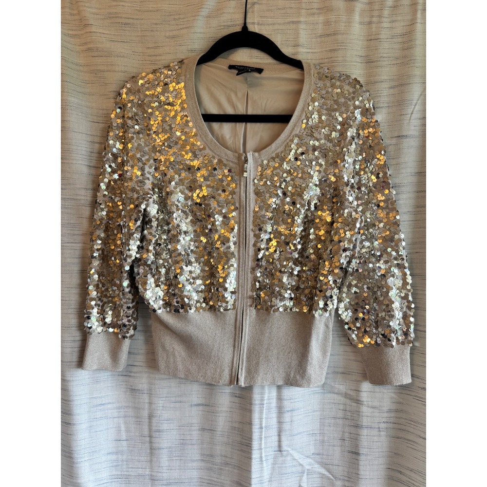 White House Black Market Sequin Zip Front Cropped Cardigan Jacket Champagne